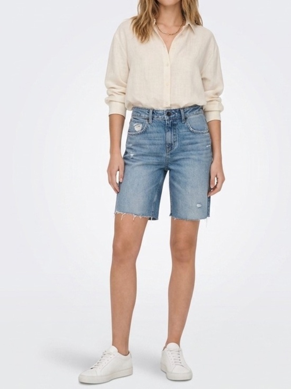 Distressed Mid-Blue Highrise Long Jean Cutoff Shorts Size 2 Cotton